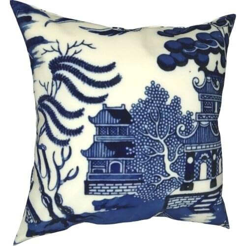 Antique Willow Ware Oriental Chinese Pillowcase Printing Polyester Cushion Cover Decorative Throw Pillow Case Cover Home