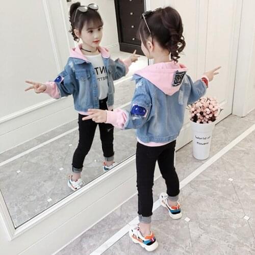 Childrens Denim Jacket Girls Hooded Outwear Spring Autumn Jeans Clothes Kids Denim Coat For Girls TZ485
