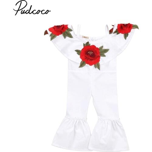 Autumn Kids Baby Girls Clothes Off shoulder Floral Long Flare Sleeve Romper Jumpsuits Trousers Kid Girl Casual Outfits Age 1-6T