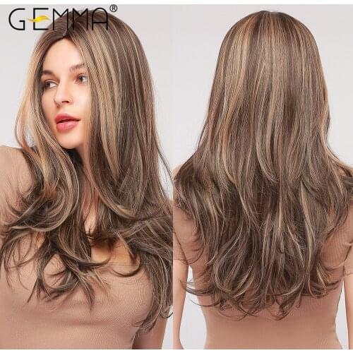 GEMMA Long Wavy Synthetic Wig Heat Resistant Brown Golden Wigs with Highlight Cosplay Natural Middle Part Cosplay Hair for Women