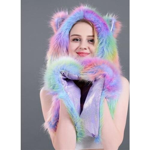 FOCI COZI New Rainbow Glove Scarf And Hat Set Novelty Animal Bomber Hats Faux Fur 3 In 1 Function Winter Accessories For Women