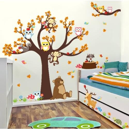 Cute Owl Monkye Cartoon Animal Tree Wall Stickers for Child Kid Bedroom Decor Living Room Decor Wall Decals for House Decoration
