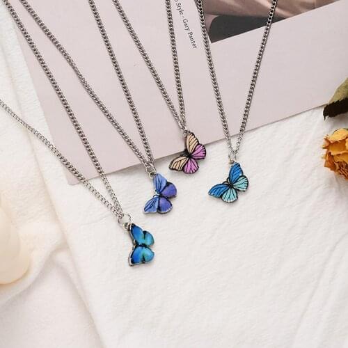 2020 New Fashion Blue Purple Color Butterfly Pendant Necklaces For Women Trendy Beads Chian Clavicle Chian Fashion Jewelry
