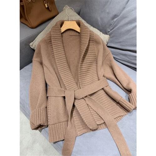 New fashion cashmere thick knit women autumn winter sweaters belt cardigans coat short style wide loose S/M/L