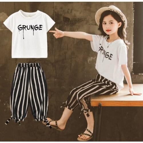 New summer suit for girls toddler girl clothes teen girls clothing letter printing T shirt +cool trousers dot small grid stripe