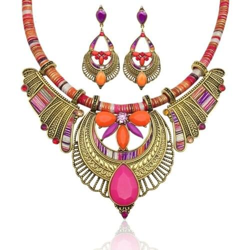 Miqiao Ethnic Boho Personality Exaggerated Resin Alloy Necklaces Earrings for Women Lover Mother Friend Fashion Gift Jewelry