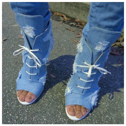 Drop Shipping New Women Blue Denim Jeans Peep Toe Lace Up Front Stiletto Heel Short Ankle Boots Cuts Out Hole Booties Shoes 43