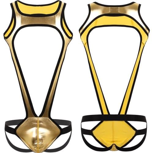 Sexy Mens Teddies Shiny Metallic Wide Shoulder Straps Bulge Pouch Jockstrap Wrestling Singlet Leotard Mankini Bodysuit Underwear