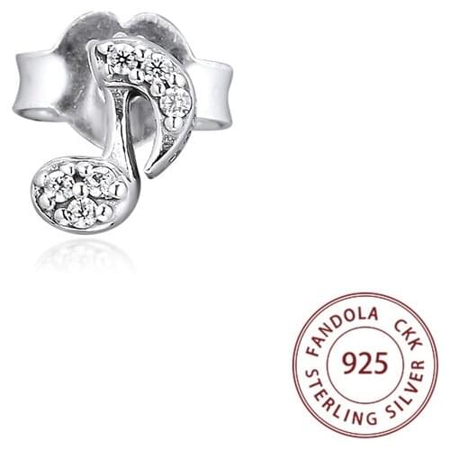 Genuie 925 Sterling Silver Jewelry Clear CZ My Musical Note Single Stud Earrings for Women Ear Pendientes Brincos