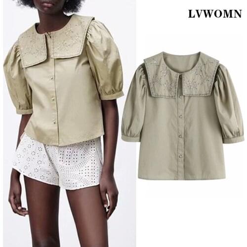 LVWOMN Za Women Blouses Fashion 2021 Summer Elegant Embroidered Collar Short Sleeve Women Clothing Shirt Casual Button Chic Tops