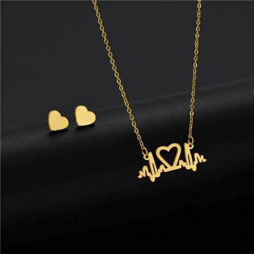 Womens Heart Pendant Necklace Earrings Set Dubai Gold Color Stainless Steel African Indian Wedding Jewelry Sets for Women Girls