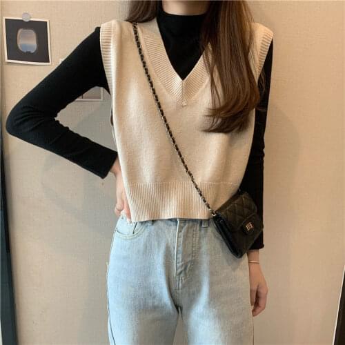 Women Short Knitted Sweater Female Sleeveless Solid Color Loose Vest Ladies V-Neck Pullover Tops Waistcoat Chaqueta Mujer Q61