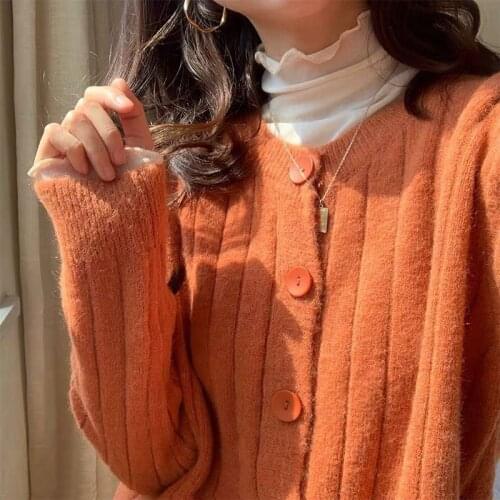 New Korean Sweet Cardigan Sweater Women Single Breasted O-neck Long sleeved Knitted Jacket Lady Cropped Tops Jumper