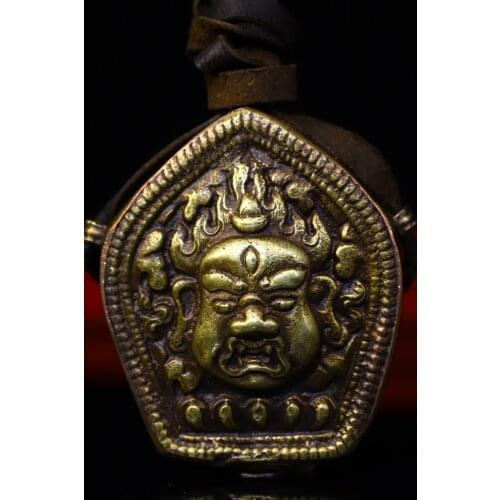 2"Tibet temple Bronze Hand beat Engraved Mahakala head statue Gawu Box Pendant amulet Town House Exorcism Ward off evil spirits