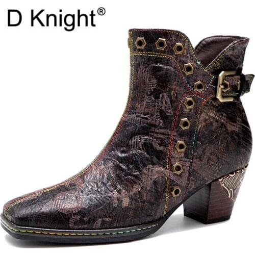 Autumn Winter Round Toe High Square Heels Western Cowgirl Boot Shoes Lady Vintage Women Ankle Boots Genuine Leather Riding Boots