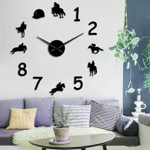 Equestrian Cowboys DIY Large Number Wall Clock Modern Horse Riding Frameless Wall Watch Giant 3D Mirror Wall Sticker Rider Gift