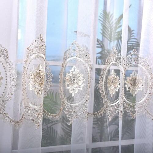 European Beige Flower Embroidered Tulle Curtain Luxury Translucent Sheer Voile For Living Room Bedroom Window Screens X-AG498#4
