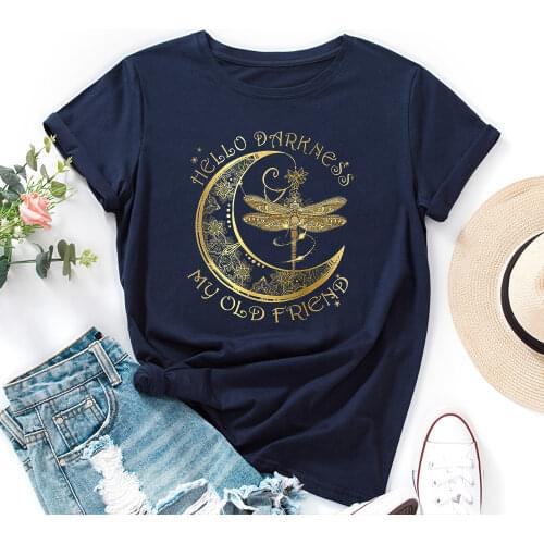 Moon and Dragonfly Hello Darkness My Old Friend Shirt Women Short Sleeve Cotton T-shirts Summer Graphic Tee Tops Female Clothes