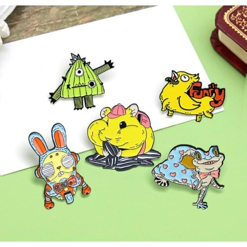 Cute Lizard Gecko Squirrel Rabbit robot Brooches Animals Chipmunk Plant Cactus monster Enamel Pin Lapel Badge Jewelry Gift Kids
