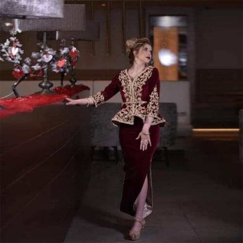 Fashion Arabic Moroccan Caftan Evening Dress Burgundy 3/4 Sleeves Dubai Saudi Lace Beads Velvet Formal Dress Prom Gown Custom