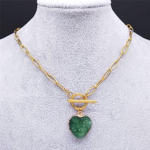 Stainless Steel Green Natural Stone Necklaces Pendants Women/Men Gold Color Chokers Necklaces Jewelry collar choker ND58S04
