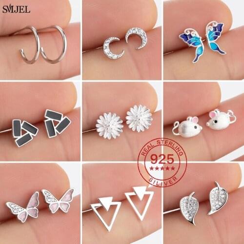 Multiple 100% 925 Sterling Silver Small Circle Triangle Earrings For Women Girls Simple Pink Bird Flower Round Earings Studs 925