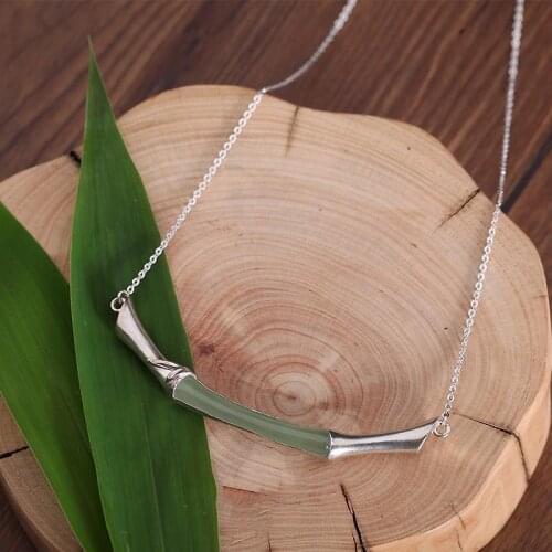 New original New silver inlaid natural Hetian Chalcedony bamboo Pendant Necklace Chinese classical elegant charm womens jewelry
