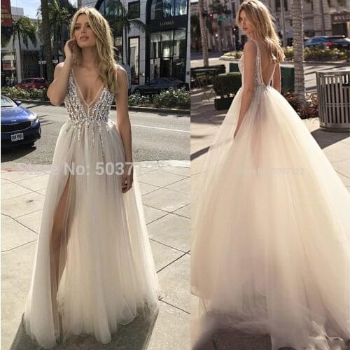 New Summer Wedding Dresses 2021 Sexy Deep V Neck Beaded Sequin High Split Backless A Line Tulle Sleeveless Boho Bridal Gowns