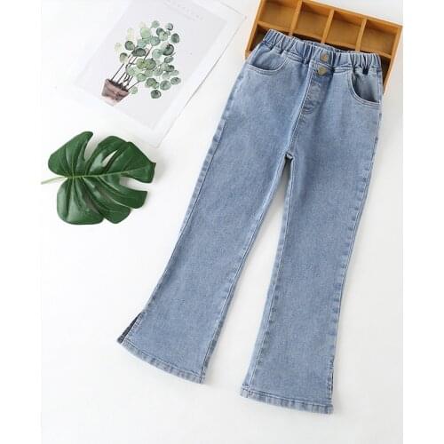 Autumn girls' jeans Korean casual childrens slim fit stretch grey blue flared pants mid waist loose split leg 110-160 2021 NEW