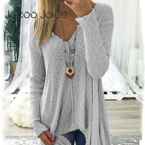 Jocoo Jolee 2020 Autumn V Neck Knitted Sweaters Casual Solid Pullover Slim Jumpers Plus Size 5XL Chic Knitting Tops Clothing