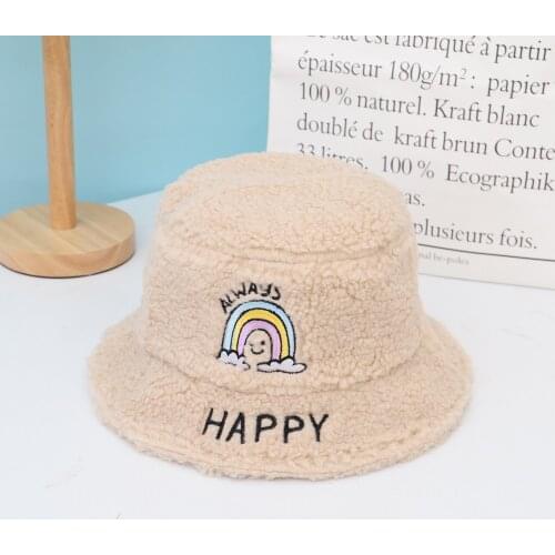 Autumn Winter Lambswool Faux Fur Rainbow Embroidered Bucket Hat Bob Warm Soft Child Thick Panama Girls Outdoor Fisherman Caps