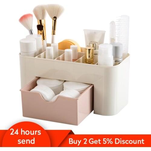 Creative Pink Blue Green Plastic Makeup Organizer Make Up Brush Storage Box with Drawer Cotton Swabs Stick Storage Case 3 Colors