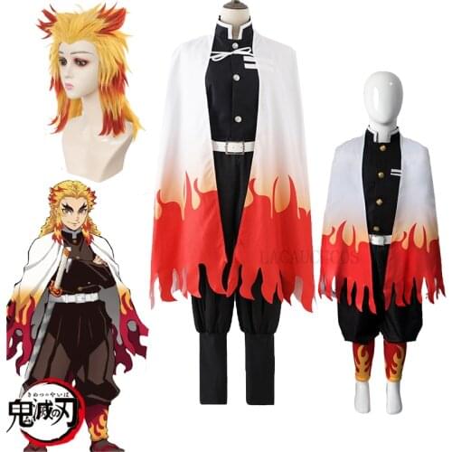 Anime Demon Slayer Rengoku Kyoujurou Cosplay Costume Kimetsu no Yaiba Blade of demon destruction exotic Cosplay Haori Kimono Wig