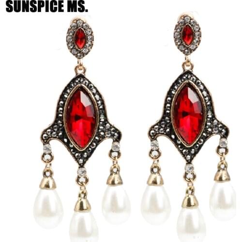 SUNSPICE MS Indian Retro Vintage Bead Drop Earrings Antique Gold Color Big Crystal Boho Long Dangle Wedding Earrings Jewelry New