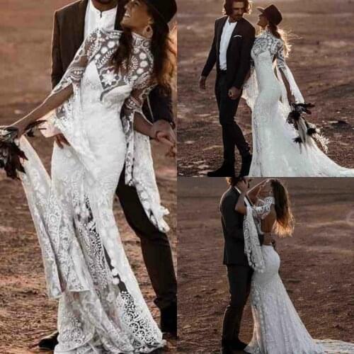 Bohemian 2021 Beach Wedding Dresses High Neck Bell Long Sleeve Lace Open Backless Boho Bridal Gowns