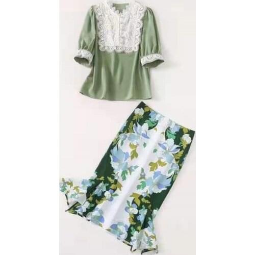 European and American womens wear for summer 2021 five-quarter sleeve shirt Printed fishtail skirt Fashion green suit