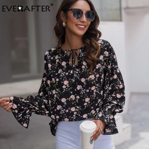 EVERAFTER Autumn Floral Print Blouse Women Shirt Vintage V-Neck Long Sleeve Lace Up Ladies Tops Elegant Office Loose Blouse 2020