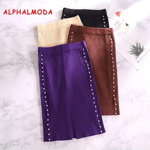ALPHALMODA 2018 Autumn Winter New Beaded Knitted Skirts Back Fork Wrap Hip Women Fashion Knit Pencil Skirt Solid Color