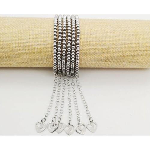 4mm Stainless steel beads bracelet women fashion Silver color heart charm 18cm Strand bracelet with extension chain BLKN0786