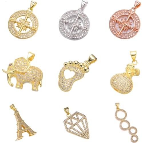 Juya DIY Gold Color Micro Pave Zircon Talisman Animal Elephant Compass Charms Pendant For Women Fashion Jewelry Making
