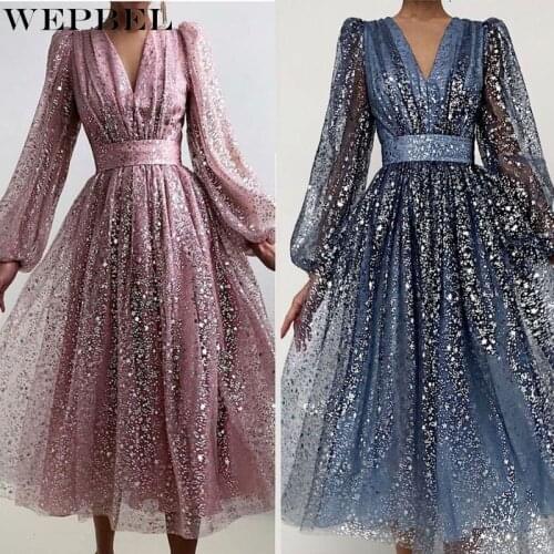 WEPBEL Women Elegant Mesh Sequins Evening Party Dress Ladies Sexy Long Puff Sleeve V Neck High Waist Long Dress