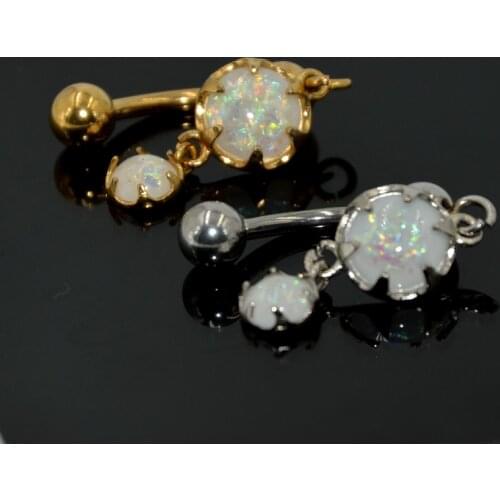 Hot Girl 1 Pcs Fire Snow Opal Gold Reversed Navel Belly Ring With Double White Opal Dangle Body Piercing Jewelry