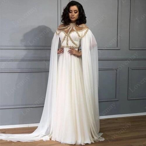 Abendkleider 2021 White Chiffon Muslim Prom Dresses Long Elegant Evening Gowns Beads Formal Occasion Dresses Women Robes Party