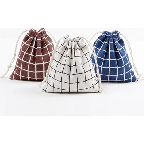3pcs/set Japanese Style Printed Drawstring Bag Draw Pocket Storage Plaid Pattern Farmhouse Style Sack Cotton Fabric Bags