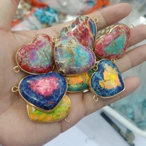 30mm Heart Shape Natural Imperial Jaspers Stone Pendants Gold Edged Double Hole Pendant For Necklace Jewelry Making