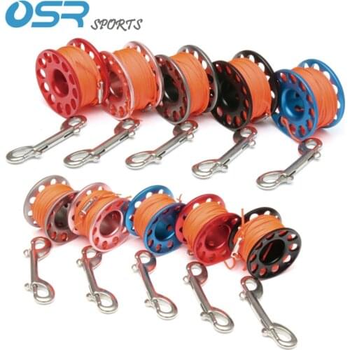 Scuba diving Aluminum Reel with 30m orange flat rope with 90mm 316 stainless steel double end snap hook and twist protector