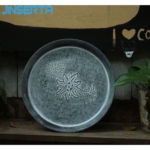JINSERTA Antique Metal Storage Tray Retro Dessert Fruit Cake Snack Plate Fower Pot Tray Desktop Sundries Trays Photography Props