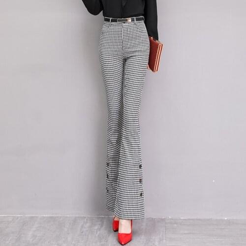 Womens Bell Bottom Plaid Slim Vintage High Waist Trousers Streetwear Casual Elegant Female Elastic Flare Pants 2021 Give Belt