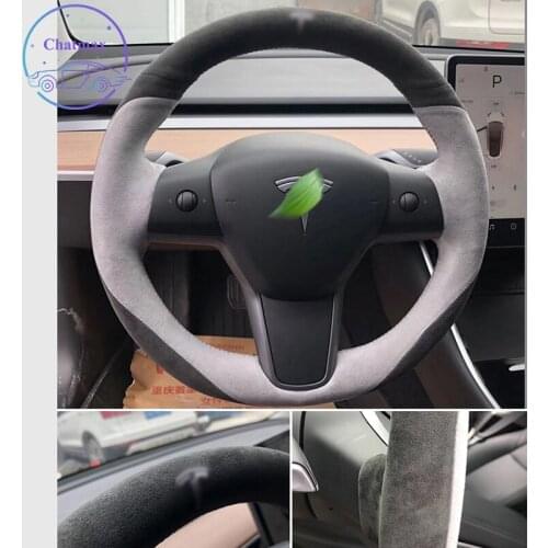 Steering Wheel Cover for Tesla Model3 ModelY ModelS ModelX S X Suede Leather Hand Sewing Wrap DIY Stitchwork Holder