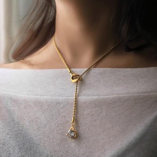 Elegant Womens Girls Rope Chain CZ Charm Lariat Necklace Gold Stainless Steel Twisted Link Chain Removable Pendant Gift DDN302